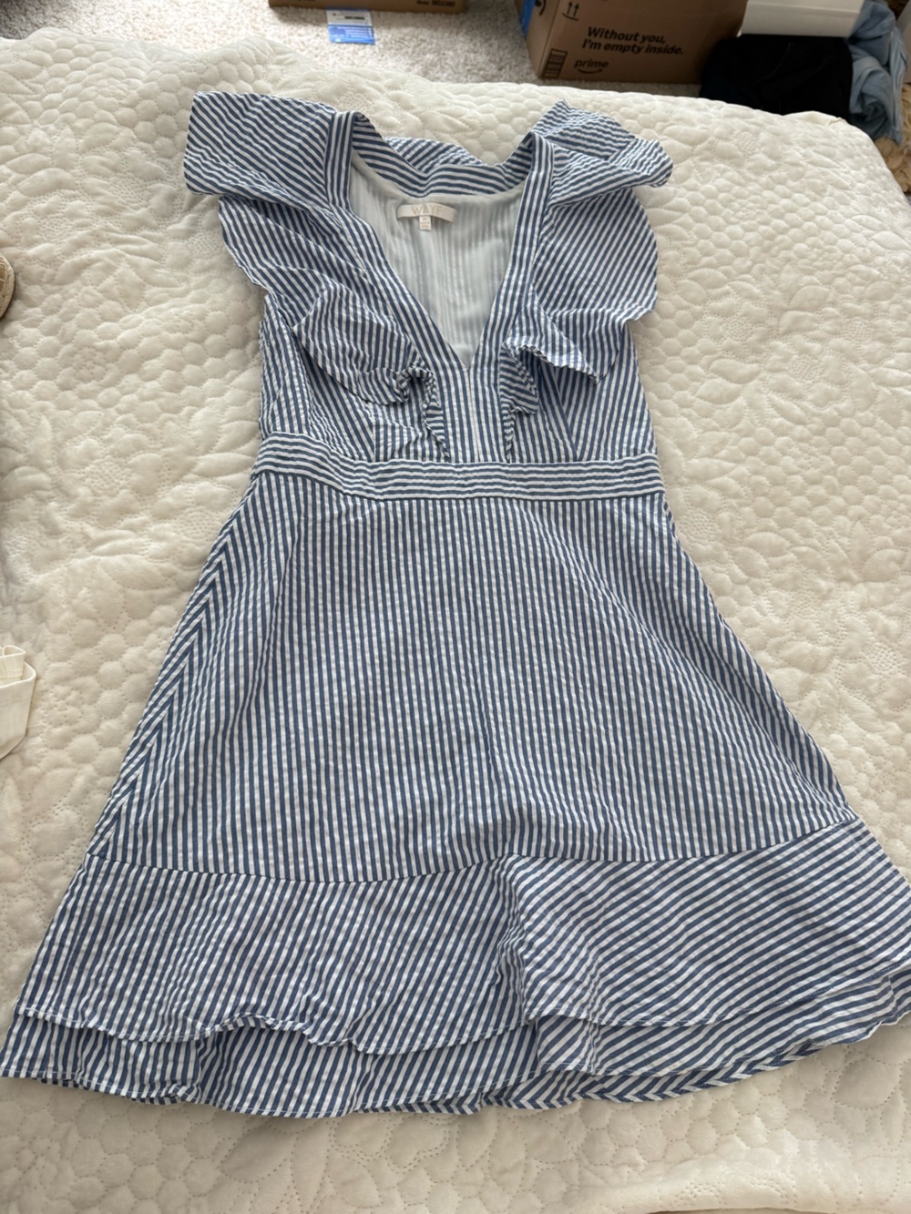Wayf Blue & White Striped Ruffle-Trim V-Neck Camisole Dress